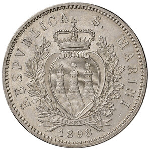 obverse: San Marino. Repubblica. I periodo: 1864-1938. Da 5 lire 1898 AG. Pagani 357. Segnetti da contatto, q.FDC 