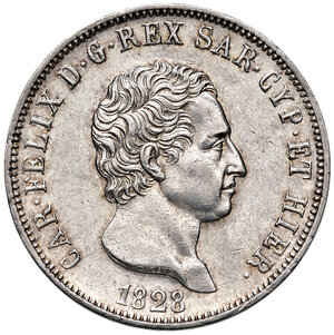 obverse: Savoia. Carlo Felice (1821-1831). Da 5 lire 1828 (Genova) AG. Pagani 74. MIR 1035l. Fondi lucenti, migliore di SPL/q.FDC 
