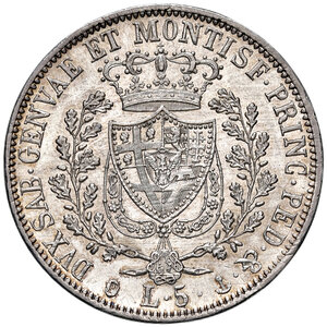 reverse: Savoia. Carlo Felice (1821-1831). Da 5 lire 1828 (Genova) AG. Pagani 74. MIR 1035l. Fondi lucenti, migliore di SPL/q.FDC 