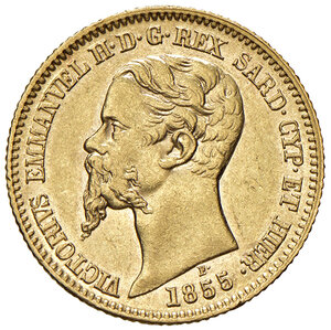 obverse: Savoia. Vittorio Emanuele II re di Sardegna (1849-1861). Da 20 lire 1855 (Torino) AV. Pagani 347a. MIR 1055m. Variante con EMMANVEL H. SPL 