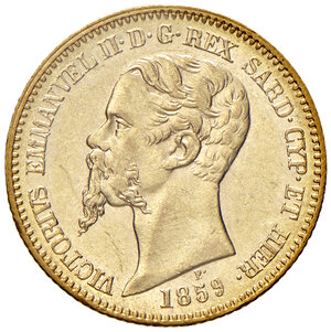 obverse: Savoia. Vittorio Emanuele II re di Sardegna (1849-1861). Da 20 lire 1859 (Torino) AV. Pagani 355. MIR 1055u. Periziata Emilio Tevere SPL. SPL/Migliore di SPL