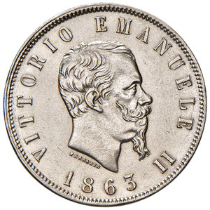 obverse: Savoia. Vittorio Emanuele II re d’Italia (1861-1878). Da 2 lire 1863 (Napoli) AG. Pagani 508. MIR 1084a. Non comune. SPL 
