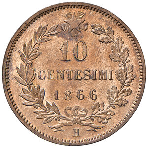 reverse: Savoia. Vittorio Emanuele II re d’Italia (1861-1878). Da 10 centesimi 1866 (Birmingham) CU. Pagani 544. MIR 1092g.   Rame rosso, FDC 