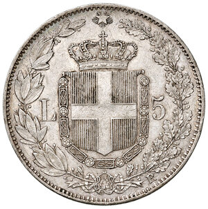 reverse: Savoia. Umberto I re d’Italia (1878-1900). Da 5 lire 1878 AG. Pagani 589. MIR 1099a.   Molto rara. Colpetto alle ore 2 del dr., altrimenti buon BB 