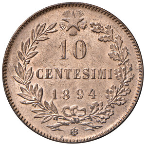 reverse: Savoia. Umberto I re d’Italia (1878-1900). Da 10 centesimi 1894 (Birmingham) CU. Pagani 616. MIR 1106d.   Rame rosso, FDC 