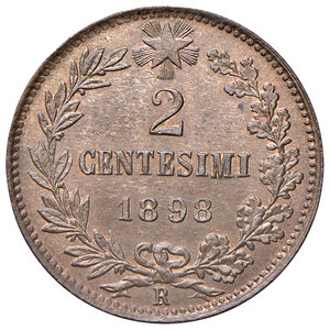 reverse: Savoia. Umberto I re d’Italia (1878-1900). Da 2 centesimi 1898 CU. Pagani 623. MIR 1108e. Rame rosso, FDC 