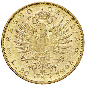 reverse: Savoia. Vittorio Emanuele III re d’Italia (1900-1946). Da 20 lire 1905 AV. Pagani 664. MIR 1125d. Rara. Segni da contatto al dr., q.FDC 