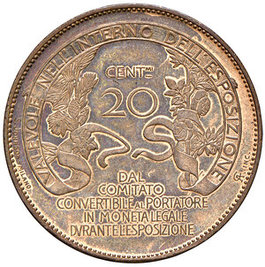 reverse: Savoia. Vittorio Emanuele III re d’Italia (1900-1946). Buono da 20 centesimi 1906. Esposizione di Milano CU. Gigante 2. Migliore di SPL
