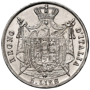 reverse: Venezia. Napoleone I re d’Italia (1805-1814). Da 5 lire 1810 AG. Pagani 15. Molto rara. Tracce di pulitura, altrimenti q.SPL