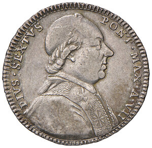 obverse: Pio VI (1775-1799). Roma. Quinto di scudo 1780 anno VII AG gr. 5,30. Muntoni 39a. Berman 2965. Raro. Leggera patina, BB 