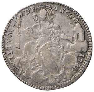 reverse: Pio VI (1775-1799). Roma. Quinto di scudo 1780 anno VII AG gr. 5,30. Muntoni 39a. Berman 2965. Raro. Leggera patina, BB 