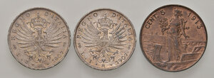 reverse: Savoia. Lotto di tre monete. Vittorio Emanuele III re d’Italia (1900-1946). Lira 1907 AG (2). Da 5 centesimi 1913 CU. Mediamente FDC