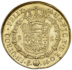reverse: Cile. Carlo IV di Spagna (1788-1808). Da 8 escudos 1802 (Santiago) AV gr. 27,01. Friedberg 23. Graffietti al dr. e tracce di lucidatura, altrimenti q.SPL/SPL 
