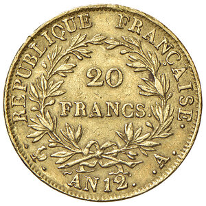 reverse: Francia. Napoleone I imperatore (1804-1814). Da 20 franchi anno 12-1803/1804 (Parigi) AV gr. 6,42. Friedberg 487.   Buon BB