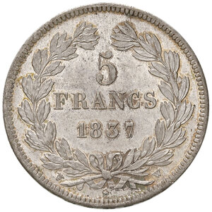 reverse: Francia. Luigi Filippo (1830-1848). Da 5 franchi 1837 (Lilla) AG. Gadoury 678. Delicata patina iridescente, FDC 