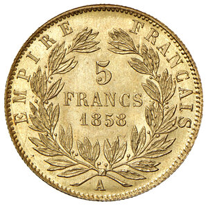 reverse: Francia. Napoleone III (1852-1870). Da 5 franchi 1858 (Parigi) AV gr. 1,63. Friedberg 578a. Fondi lucenti, FDC 