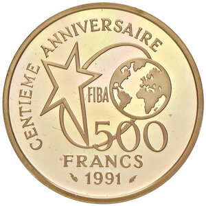 reverse: Francia. Quinta Repubblica (dal 1958). Da 500 franchi 1991 (Parigi) AV gr. 17,00. Basket. Friedberg 631. In astuccio. FS 