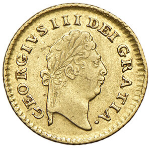 obverse: Regno Unito. Giorgio III (1760-1820). Terzo di ghinea 1800 (Londra) AV gr. 2,78. Friedberg 365. Graffietti al dr., altrimenti q.SPL 