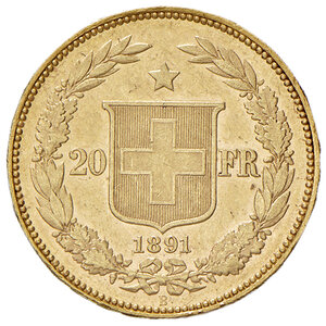 reverse: Svizzera. Confederazione (1848-). Da 20 franchi 1891 (Berna) AV gr. 6,44. Friedberg 495. Più di SPL