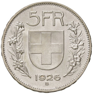 reverse: Svizzera. Confederazione (1848-). Da 5 franchi 1926 (Berna) AG. Divo-Tobler 300. Davenport 394. Fondi speculari, FDC