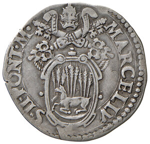 obverse: Ancona. Marcello II (9 aprile – 1 maggio 1555). Giulio AG gr. 3,08. Muntoni 6. Berman 1033. Dubbini-Mancinelli pag. 138 (1° tipo). MIR 1017/2. Villoresi 261. Rarissimo. BB/q.BB 