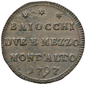 obverse: Montalto. Pio VI (1775-1799). Sampietrino da 2 baiocchi e mezzo 1797 CU gr. 12,28. Muntoni 379.  Raro. Esemplare in notevole stato di conservazione  per il tipo di moneta, q.SPL 