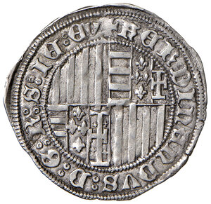 reverse: Napoli. Ferdinando I d’Aragona (1458-1494). Carlino (sigla M; Antonio Miroballo m.d.z. 1458-1460) AG gr. 3,58. P.R. 21d. MIR 72/4. Vall-Llosera i Tarrés 105 (Salvatore Miroballo, 1458). q.SPL 