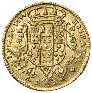 reverse: Napoli. Carlo di Borbone (1734-1759). Da 2 ducati 1754 (sigle MM-R; Domenico Maria Mazzara m.d.z. e Giovanni Russo m.d.p.) AV gr. 2,95. P.R. 20. MIR 333/5. Magliocca 130. Rara. q.SPL/SPL 