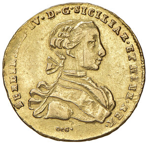 obverse: Napoli. Ferdinando IV di Borbone (1759-1816). Da 6 ducati 1767 AV gr. 8,43. P.R. 10. MIR 357/14. Magliocca 195. Lievemente tosata, migliore di BB 