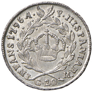 reverse: Napoli. Ferdinando IV di Borbone (1759-1816). Da 20 tarì 1796 AG gr. 4,61. P.R. 86. MIR 385/6. Magliocca 283. SPL-FDC 