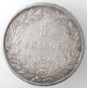 reverse: Francia. Luigi Filippo I. 1830-1848. 5 Franchi 1831 A. Parigi. Ag. 