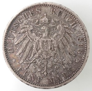 reverse: Germania/Prussia. Guglielmo II. 1888-1918. 5 Marchi 1898 A. Ag. 