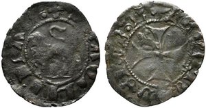 obverse: L AQUILA. Renato d Angiò (1435-1442) Quattrino Mi (0,61 g). Croce patente con giglio nel primo quarto - Leone. D Andrea-Andreani 62-66. qBB