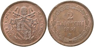 obverse: BOLOGNA. Pio IX (1846-1870). 2 Baiocchi 1851 anno V. Gig. 200 Rara. SPL+
