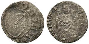 obverse: FERRARA. Nicolò II d Este (1361-1388). Quattrino Mi ( 0.70 g - 15.1 mm). DE FERARIA; Stemma della città. R/S MAVRELIVS P; San Maurelio nimbato in piedi. MIR 219 - R. qMB