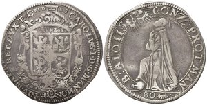 obverse: MANTOVA. Carlo I Gonzaga Nevers (1627-1637). Mezzo Ducatone da 80 soldi. Ag (15,08 g). Stemma coronato - San Luigi genuflesso. MIR 647. qBB