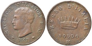 obverse: MILANO. Napoleone I Re d Italia. 1 soldo 1807 M var. legenda stretta. Gig. 204a - R2. qBB