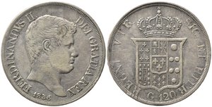 obverse: NAPOLI. Ferdinando II di Borbone (1830-1859). Piastra da 120 grana 1836. Ag (27,36 g). Magliocca 542. BB+