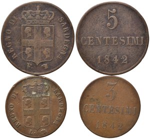 obverse: Carlo Alberto (1831-1849). REGNO DI SARDEGNA. Lotto di 2 monete da 3 e 5 centesimi 1842. MB-BB