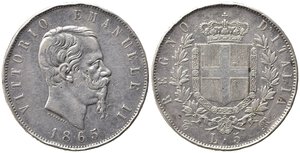 obverse: Vittorio Emanuele II (1861-1878). Torino. 5 lire 1865 T. Gig.37 Rara. qBB