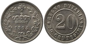 obverse: UMBERTO I (1878-1900). 20 centesimi 1894 KB. Gig. 45. qFDC