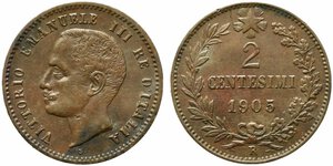 obverse: Vittorio Emanuele III (1900-1943). 2 centesimi 1905 