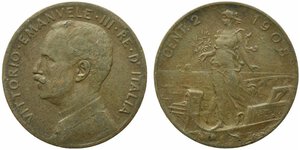 obverse: Vittorio Emanuele III (1900-1943). 2 centesimi 1908 