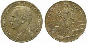 obverse: Vittorio Emanuele III (1900-1943). 2 centesimi 1910 