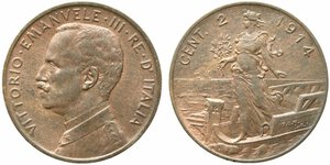 obverse: Vittorio Emanuele III (1900-1943). 2 centesimi 1914 