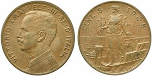 obverse: Vittorio Emanuele III (1900-1943). 5 centesimi 1908 