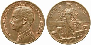 obverse: Vittorio Emanuele III (1900-1943). 5 centesimi 1915 
