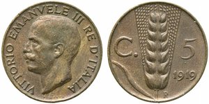 obverse: Vittorio Emanuele III (1900-1943). 5 centesimi 1919 
