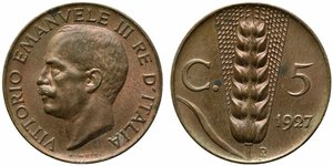 obverse: Vittorio Emanuele III (1900-1943). 5 centesimi 1927 