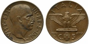 obverse: Vittorio Emanuele III (1900-1943). 5 centesimi 1936 